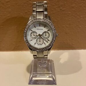 Geneva Silver and White Crystal Accent Bracelet Watch